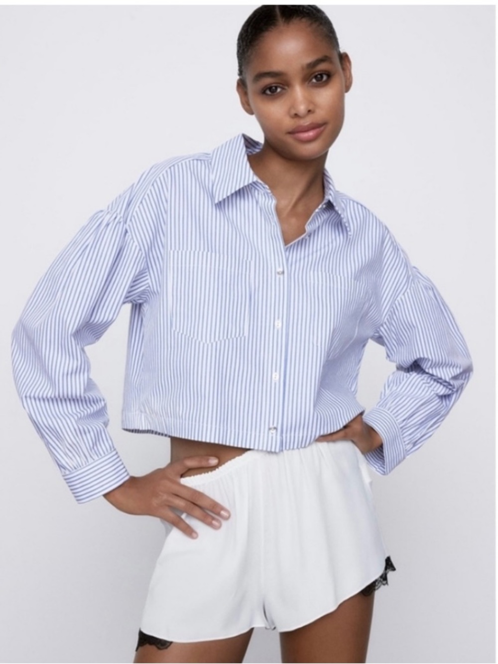 ZARA Cropped Blue/White Stripe Button Down Size Small